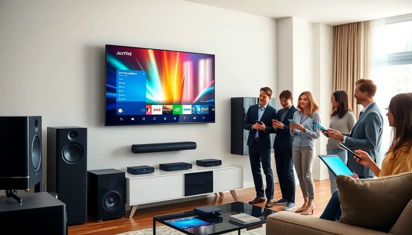 modern home entertainment setup with smart TV and diverse individuals discussing media.