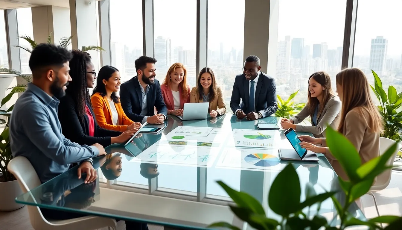 diverse team discussing sustainable technology in a bright office.