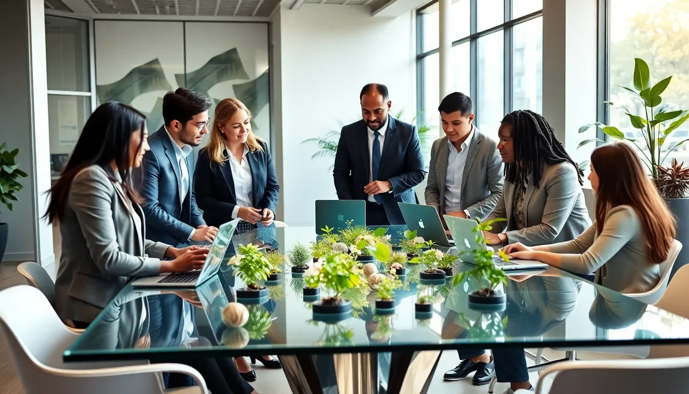 diverse team discussing sustainable technology in a modern office.