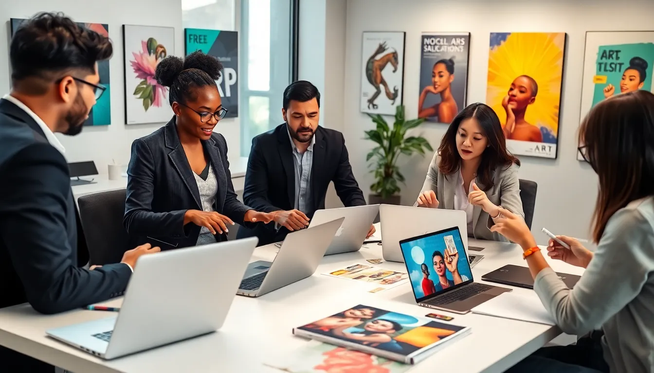 diverse team collaborating on art and communication in a modern office.