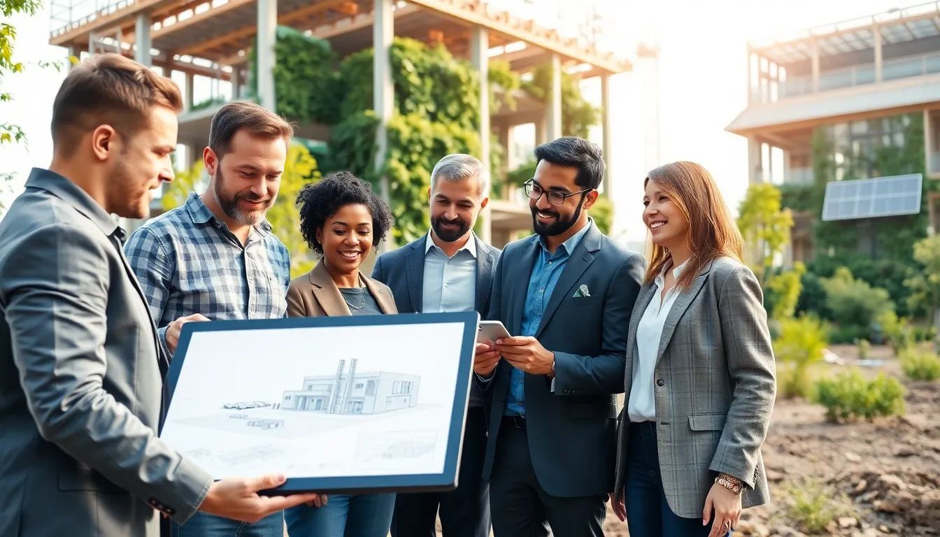 diverse team discussing sustainable construction technology at a modern site.